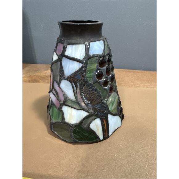 Set Of 3 Vintage Stained Glass Lamp Pendant Light Shade Blue Jay & Berries - Picture 14 of 16